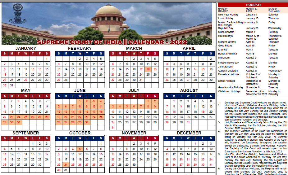 2023 Supreme Court Calendar Year 2022 Supreme Court, High Courts And District Courts Of India Holidays  List - Only 30 Second